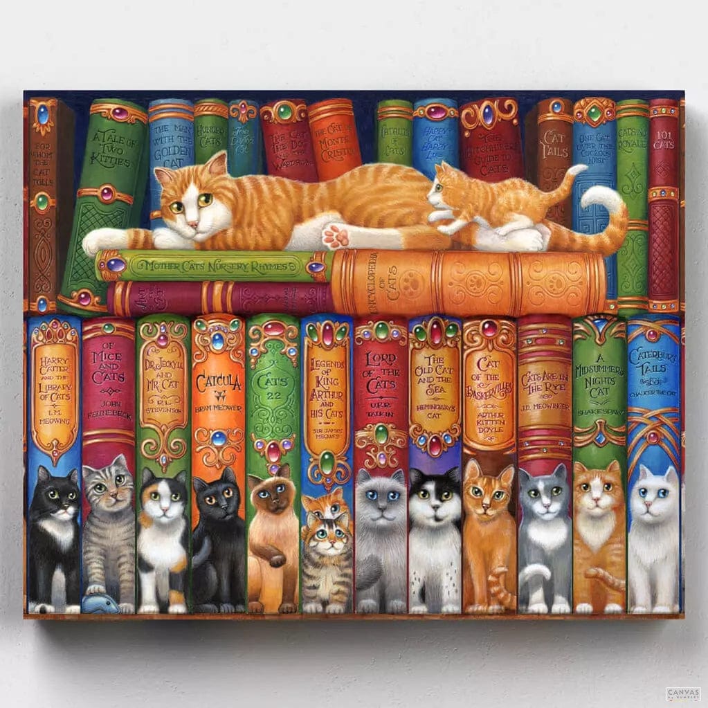 Gatos en la Biblioteca - Pintar por Números- Pintar por Números- Canvas by Numbers