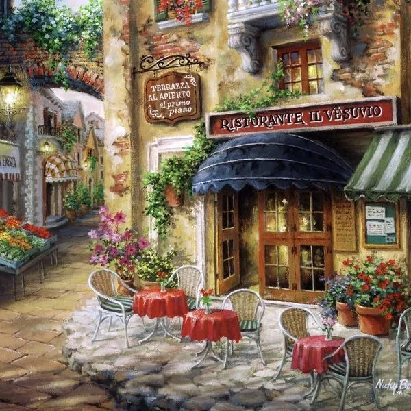 Pintura de una cafetería con encanto en un pequeño pueblo italiano