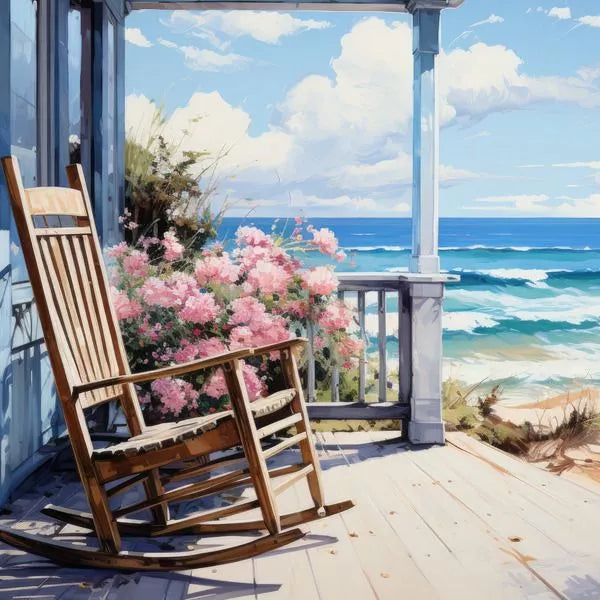 Pintura de una silla reclinable en un porche al lado de unas flores con el mar de fondo.