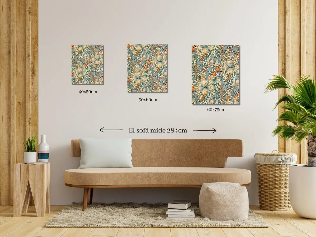 Comparativa de tamaños de lienzo: 40x50 cm, 50x60 cm y 60x75 cm sobre un sofá de 284 cm