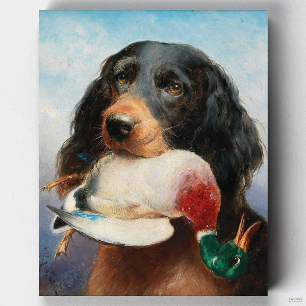 Gordon Setter with Mallard Duck - Paint by Numbers-Capture the thrill of the hunt with Carl Reichert's Gordon Setter with Mallard Duck paint by numbers kit. Order from Canvas by Numbers and paint the wild!-Canvas by Numbers