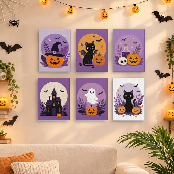 Mini lienzos de Círculos de Halloween en Lila expuestos juntos en un salón acogedor