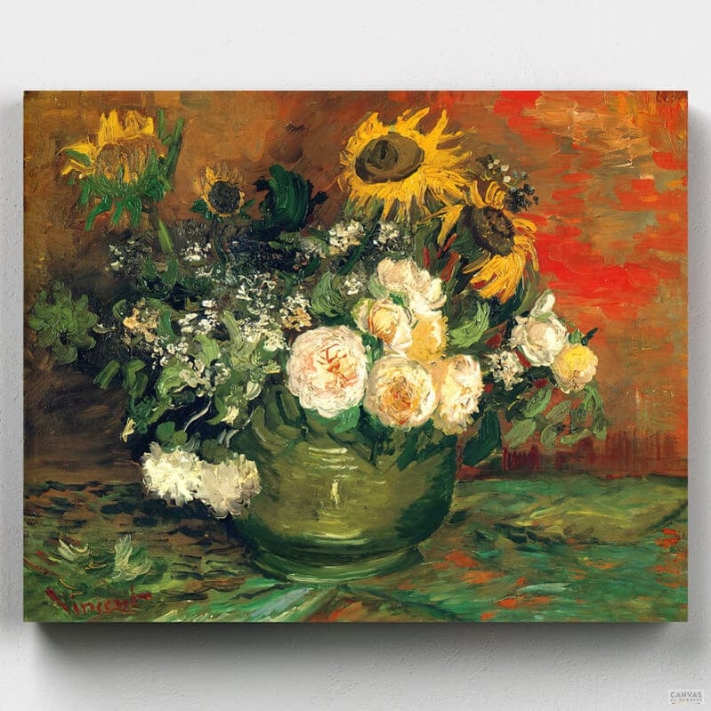 Bodegón con Rosas y Girasoles - Pintar por Números- Pintar por Números- Canvas by Numbers