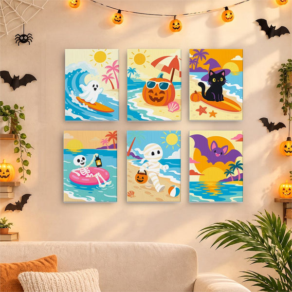 Mini lienzos de Club de Surf Summerween expuestos juntos en un salón acogedor