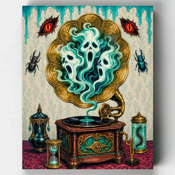 El Gramófono Fantasma. Un antiguo gramófono de latón lanza al aire un humo espectral con forma de calavera en este kit de pintar por números de Halloween inspirado en las curiosidades victorianas.